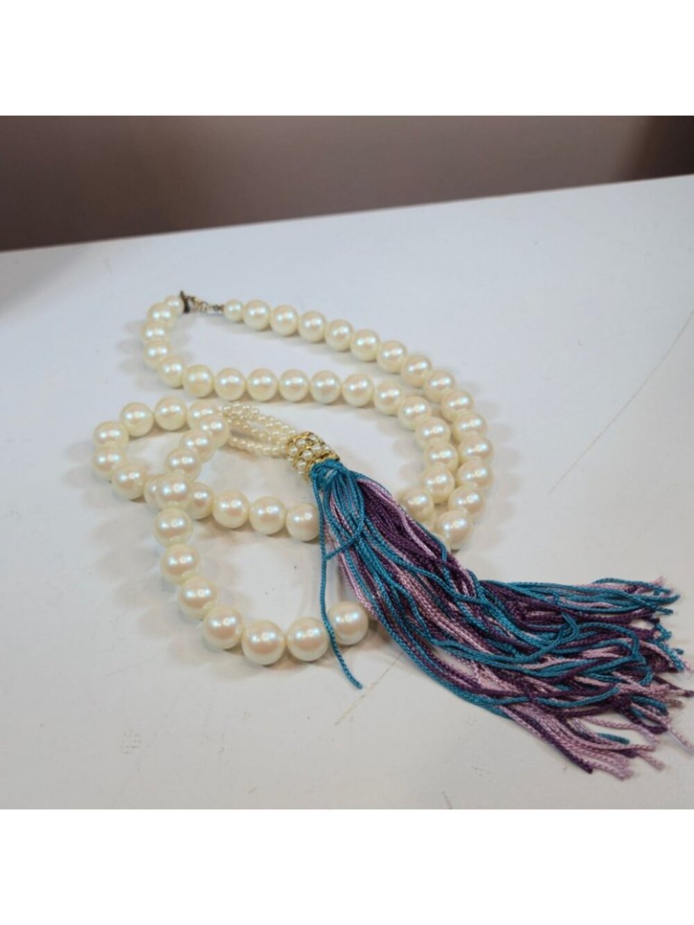 Vintage Cadoro Faux Pearl Tassel Necklace Bold Flapper Statement Jewelry 31 Inch - Picture 4 of 14